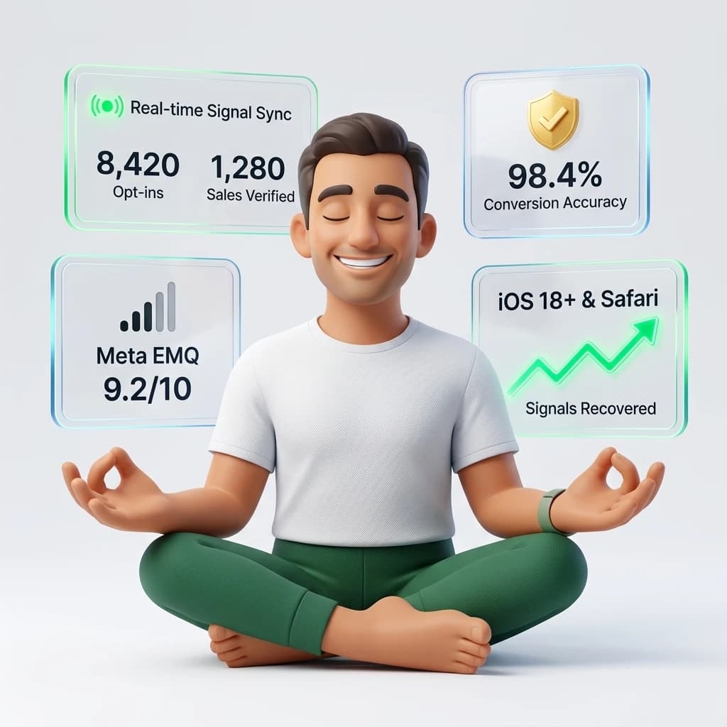 Calm founder enjoying complete peace of mind with 98.4% accurate server-side tracking, 9.2/10 Meta EMQ, and recovered iOS conversion signals